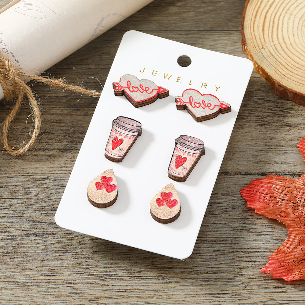 Wholesale Valentine's Day One Arrow Heart Piercing Printed Wooden Earrings